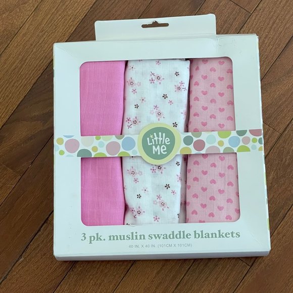 New Little Me Pink and White Infant Baby Girl Muslin Swaddle Blankets 3 pack - Picture 1 of 9